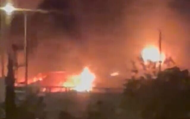 An industrial complex on fire in Haifa, June 26, 2022 (Screen grab/Kan public broadcaster) An industrial complex on fire in Haifa, June 26, 2022 (Screen grab/Kan public broadcaster)
