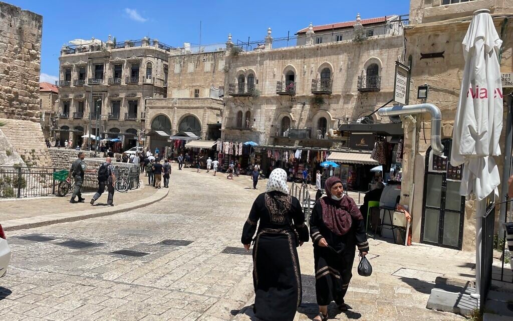 The Imperial Hotel (left) and the Petra Hostel (right), located between Jaffa Gate and the Arab market in Jerusalem's Old City, June 21, 2022. (Sue Surkes/Times of Israel) The Imperial Hotel (left) and the Petra Hostel (right), located between Jaffa Gate and the Arab market in Jerusalem's Old City, June 21, 2022. (Sue Surkes/Times of Israel)