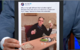 Stephen Colbert holds an image of Jake Tapper celebrating Passover in Kyiv, Ukraine, during a June 7 episode of 'The Late Show with Stephen Colbert.' (Screenshot via JTA)