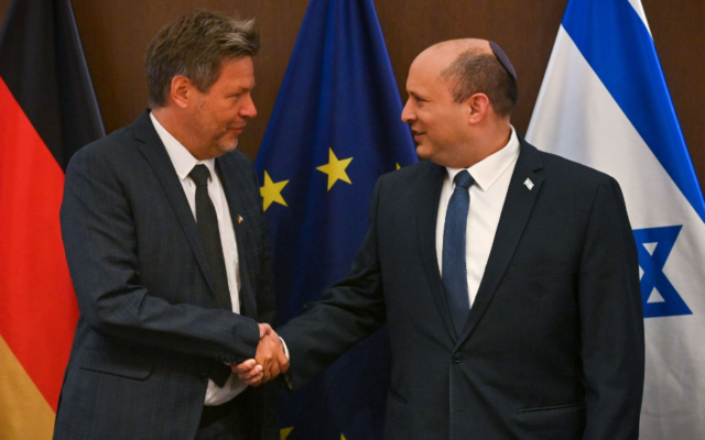Prime Minister Naftali Bennett, right, and Vice Chancellor of Germany Robert Habeck meet in Jerusalem on June 6, 2022. (GPO/Kobi Gideon) Prime Minister Naftali Bennett, right, and Vice Chancellor of Germany Robert Habeck meet in Jerusalem on June 6, 2022. (GPO/Kobi Gideon)