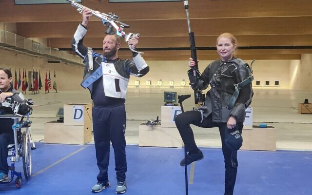 Yuliya Chernoy (right) celebrates winning a bronze medal at the parashooting World Cup in France on June 12, 2022. (Guy Starik) Yuliya Chernoy (right) celebrates winning a bronze medal at the parashooting World Cup in France on June 12, 2022. (Guy Starik)