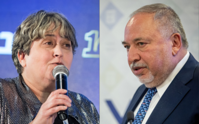 Yaffa Ben-David, left, speaks at a conference in Jerusalem on February 11, 2019. (Noam Revkin Fenton/Flash90); Finance Minister Avigdor Liberman speaks during a press conference in Jerusalem on June 12, 2022. (Yonatan Sindel/Flash90)