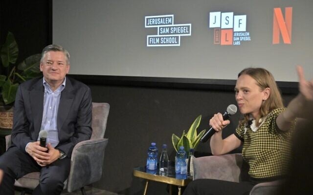 Netflix CEO Ted Sarandos (left) with actress Shira Haas during a conversation at Jerusalem's Sam Spiegel School of Film and Television (Courtesy Sam Spiegel) Netflix CEO Ted Sarandos (left) with actress Shira Haas during a conversation at Jerusalem's Sam Spiegel School of Film and Television (Courtesy Sam Spiegel)