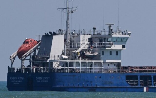 The Russian-flagged cargo ship 'Zhibek Zholy' anchored on Black Sea coast of Karasu district in Sakarya, Turkey, July 5, 2022. (Ozan Kose/AFP) The Russian-flagged cargo ship 'Zhibek Zholy' anchored on Black Sea coast of Karasu district in Sakarya, Turkey, July 5, 2022. (Ozan Kose/AFP)