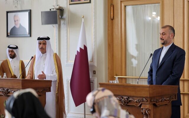 (R to L) Iran's Foreign Minister Hossein Amir-Abdollahian and Qatar's Foreign Minister Mohammed bin Abdulrahman bin Jassim al-Thani give a joint press conference at the foreign ministry headquarters in the capital Tehran on July 7, 2022. (ATTA KENARE / AFP) (R to L) Iran's Foreign Minister Hossein Amir-Abdollahian and Qatar's Foreign Minister Mohammed bin Abdulrahman bin Jassim al-Thani give a joint press conference at the foreign ministry headquarters in the capital Tehran on July 7, 2022. (ATTA KENARE / AFP)