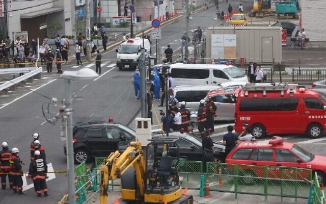 A general view shows workers at the scene after an attack on Japan's former prime minister Shinzo Abe at Kintetsu Yamato-Saidaiji station square in Nara on July 8, 2022. (Jiji Press/AFP) A general view shows workers at the scene after an attack on Japan's former prime minister Shinzo Abe at Kintetsu Yamato-Saidaiji station square in Nara on July 8, 2022. (Jiji Press/AFP)
