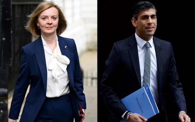 This combination of pictures created on July 12, 2022 shows Britain's Foreign Secretary Liz Truss arriving to attend the weekly Cabinet meeting at 10 Downing Street, in London, on April 19, 2022, and Britain's then-chancellor of the exchequer Rishi Sunak leaving the 11 Downing Street, in London, on March 23, 2022. (Daniel Leal and Tolga Akmen/AFP) This combination of pictures created on July 12, 2022 shows Britain's Foreign Secretary Liz Truss arriving to attend the weekly Cabinet meeting at 10 Downing Street, in London, on April 19, 2022, and Britain's then-chancellor of the exchequer Rishi Sunak leaving the 11 Downing Street, in London, on March 23, 2022. (Daniel Leal and Tolga Akmen/AFP)