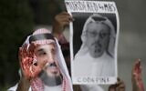 In this file photo taken on October 10, 2018, a demonstrator dressed as Saudi Arabian Crown Prince Mohammed bin Salman (C) with blood on his hands protests outside the Saudi Embassy in Washington, DC, demanding justice for missing Saudi journalist Jamal Khashoggi. (Jim Watson/AFP)