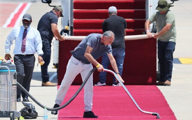 Final preparations at Ben Gurion Airport on July 13, 2022, ahead of US President Joe Biden's arrival for an official visit. (JACK GUEZ / AFP)