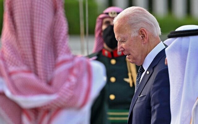 US President Joe Biden arrives at the King Abdulaziz International Airport in the Saudi coastal city of Jeddah, on July 15, 2022. (MANDEL NGAN / AFP) US President Joe Biden arrives at the King Abdulaziz International Airport in the Saudi coastal city of Jeddah, on July 15, 2022. (MANDEL NGAN / AFP)