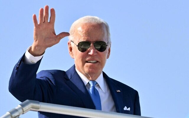 US President Joe Biden boards Air Force One before departing from King Abdulaziz International Airport, wrapping up his first Middle East tour as president, in the Saudi Arabia city of Jeddah, July 16, 2022, (Mandel Ngan/AFP) US President Joe Biden boards Air Force One before departing from King Abdulaziz International Airport, wrapping up his first Middle East tour as president, in the Saudi Arabia city of Jeddah, July 16, 2022, (Mandel Ngan/AFP)