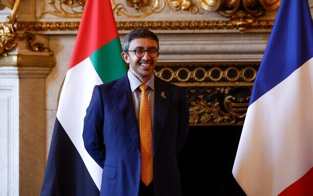 United Arab Emirates Foreign Minister Sheikh Abdullah bin Zayed bin Sultan al-Nahyan in Paris, on July 18, 2022. (BENOIT TESSIER / AFP) United Arab Emirates Foreign Minister Sheikh Abdullah bin Zayed bin Sultan al-Nahyan in Paris, on July 18, 2022. (BENOIT TESSIER / AFP)
