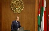 Russian Foreign Minister Sergei Lavrov addresses the Arab League meeting at its headquarters in Cairo, July 24, 2022. (Khaled Desouki/AFP)