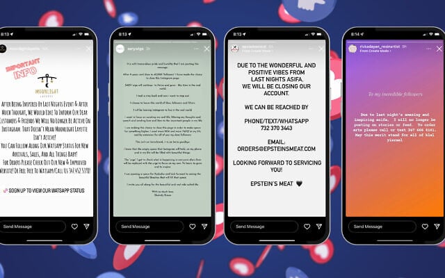Screenshots from Orthodox Instagram accounts that announced they would be shutting down after an anti-social media rally in New Jersey in June 2022. (Design by Jackie Hajdenberg/ JTA)