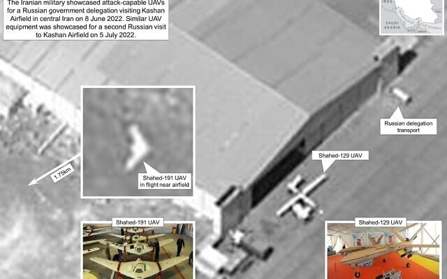 Satellite images of a Russian delegation visiting a showcasing of Shahed-191 and Shahed-129 drones at Iran's Kashan Airfield released by the White House on July 16, 2022. (White House) Satellite images of a Russian delegation visiting a showcasing of Shahed-191 and Shahed-129 drones at Iran's Kashan Airfield released by the White House on July 16, 2022. (White House)