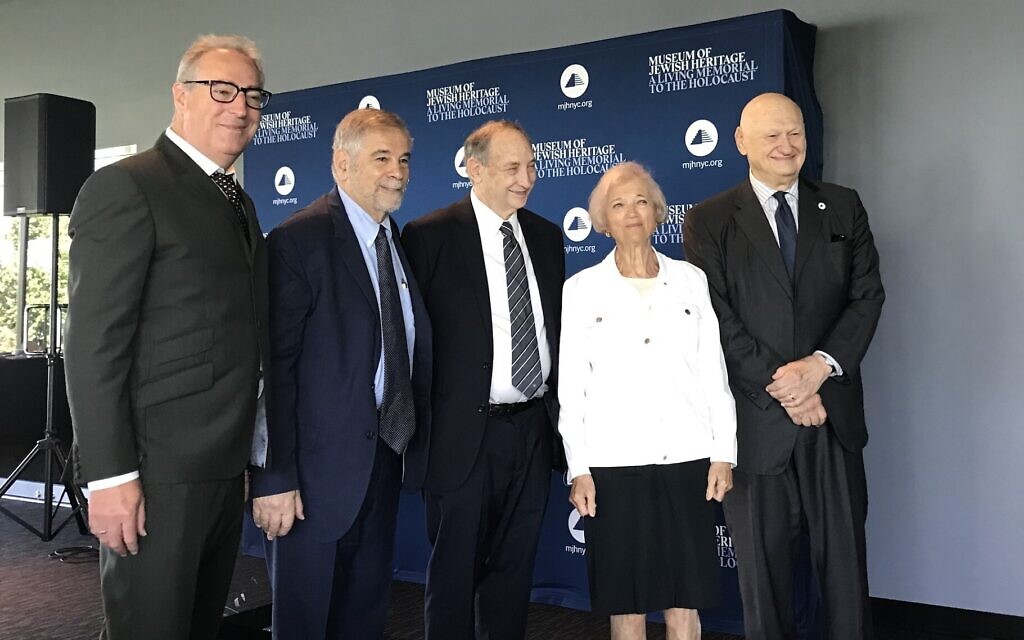 At a press conference at the Museum of Jewish Heritage launching its new permanent exhibit are, left to right, exhibition designer Paul Salmons, consultant Michael Berenbaum, museum chairman Bruce Ratner, Holocaust survivor Toby Levy and museum president and CEO Jack Kliger, June 30, 2022. (Julia Gergely/ JTA)