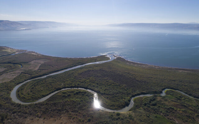In this Friday, Dec. 8, 2017 photo, an aerial view shows the Jordan River estuary of the Sea of Galilee near the community settlement of Karkom, northern Israel. .(AP Photo/Oded Balilty)