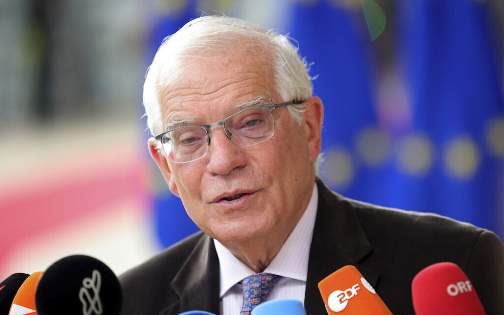 European Union foreign policy chief Josep Borrell speaks with the media, as he arrives for an EU summit in Brussels, June 23, 2022. (AP Photo/Olivier Matthys) European Union foreign policy chief Josep Borrell speaks with the media, as he arrives for an EU summit in Brussels, June 23, 2022. (AP Photo/Olivier Matthys)