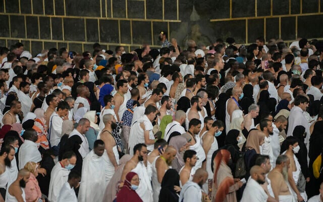 Muslim pilgrims circumambulate around the Kaaba, the cubic building at the Grand Mosque, in Mecca, Saudi Arabia, July 6, 2022. (AP Photo/Amr Nabil)