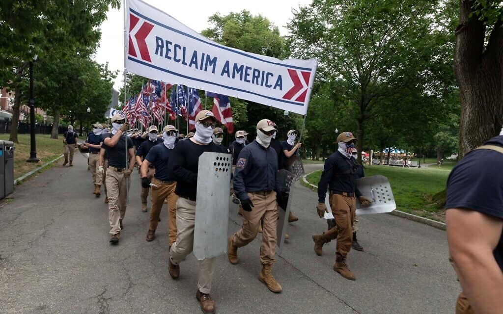 Illustrative: Marchers bearing the insignia of the white supremacist group Patriot Front parade through Boston Common on July 2, 2022, in Boston. (AP Photo/Michael Dwyer) Illustrative: Marchers bearing the insignia of the white supremacist group Patriot Front parade through Boston Common on July 2, 2022, in Boston. (AP Photo/Michael Dwyer)