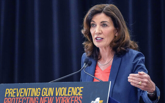 New York Gov. Kathy Hochul speaks during a ceremony to sign a package of bills to strengthen gun laws on June 6, 2022, in New York. (AP Photo/Mary Altaffer)