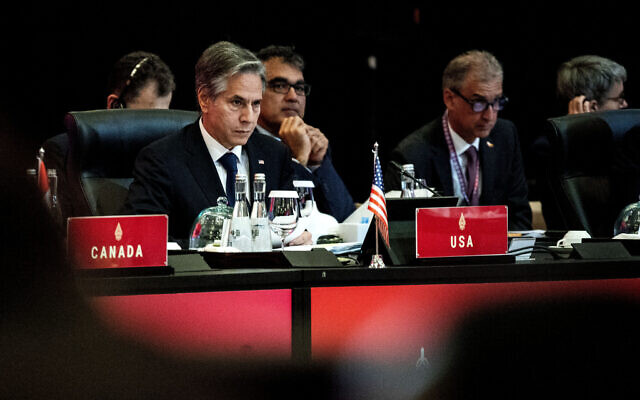 US Secretary of State Antony Blinken, left, attends a meeting at the G20 Foreign Ministers' Meeting in Nusa Dua on the Indonesian resort island of Bali, July 8, 2022. (Stefani Reynolds/Pool Photo via AP) US Secretary of State Antony Blinken, left, attends a meeting at the G20 Foreign Ministers' Meeting in Nusa Dua on the Indonesian resort island of Bali, July 8, 2022. (Stefani Reynolds/Pool Photo via AP)