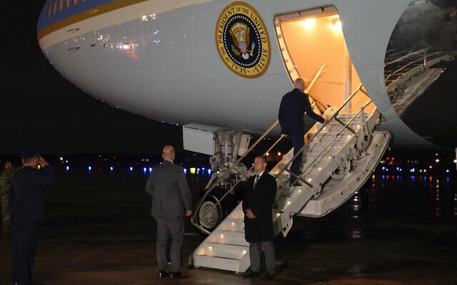 US President Joe Biden boards Air Force One for a trip to Israel and Saudi Arabia, Tuesday, July 12, 2022, at Andrews Air Force Base, Maryland. (AP/Evan Vucci)