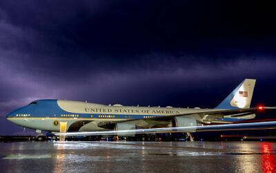 The sky illuminated by lighting at Andrews Air Force Base, Maryland, as Air Force One is seen in the foreground ahead of President Joe Biden departing for a trip to Israel and Saudi Arabia, July 12, 2022. (AP Photo/Gemunu Amarasinghe) The sky illuminated by lighting at Andrews Air Force Base, Maryland, as Air Force One is seen in the foreground ahead of President Joe Biden departing for a trip to Israel and Saudi Arabia, July 12, 2022. (AP Photo/Gemunu Amarasinghe)