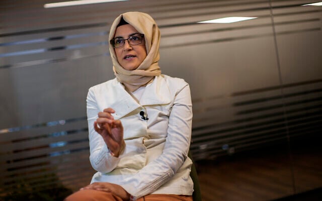 Hatice Cengiz, the fiancee of murdered Saudi journalist Jamal Kashoggi, gives an interview to The Associated Press in Istanbul, Turkey, July 14, 2022. (AP Photo/Francisco Seco) Hatice Cengiz, the fiancee of murdered Saudi journalist Jamal Kashoggi, gives an interview to The Associated Press in Istanbul, Turkey, July 14, 2022. (AP Photo/Francisco Seco)