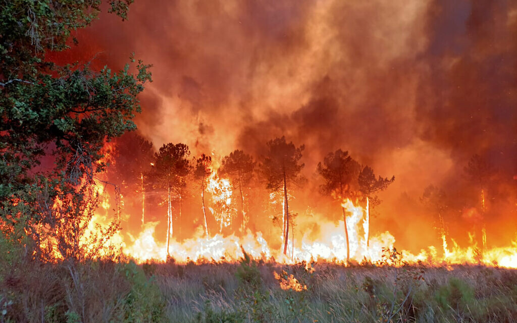 This photo provided by the fire brigade of the Gironde region (SDIS 33) shows a wildfire near Landiras, southwestern France, July 14, 2022 (SDIS 33 via AP) This photo provided by the fire brigade of the Gironde region (SDIS 33) shows a wildfire near Landiras, southwestern France, July 14, 2022 (SDIS 33 via AP)