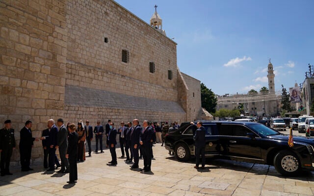 US President Joe Biden arrives for a visit at the Church of the Nativity, traditionally believed to be the birthplace of Jesus Christ, at the West Bank town of Bethlehem, Friday, July 15, 2022. (AP/Evan Vucci) US President Joe Biden arrives for a visit at the Church of the Nativity, traditionally believed to be the birthplace of Jesus Christ, at the West Bank town of Bethlehem, Friday, July 15, 2022. (AP/Evan Vucci)