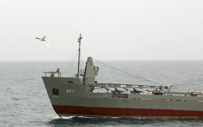In this image released on, July 15, 2022 by the Iranian Army, a drone is launched from an Iranian warship during a drill in the Indian Ocean (Iranian Army via AP)