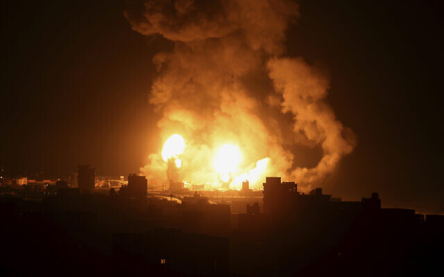 A view of an explosion caused by Israeli airstrikes in Gaza City, July 16, 2022. (AP Photo/Mohammed Ali) A view of an explosion caused by Israeli airstrikes in Gaza City, July 16, 2022. (AP Photo/Mohammed Ali)