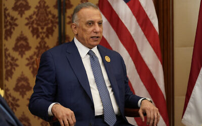 Iraqi Prime Minister Mustafa Al-Kadhimi talks during a meeting with US President Joe Biden, July 16, 2022, in Jeddah, Saudi Arabia. (AP Photo/Evan Vucci)