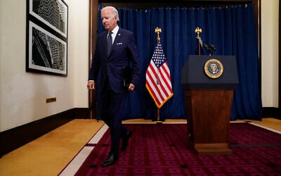 US President Joe Biden leaves after speaking to reporters about meetings with Saudi Crown Prince Mohammed bin Salman at the Waldorf Astoria Jeddah Qasr Al Sharq hotel, July 15, 2022, in Jeddah, Saudi Arabia. (AP Photo/Evan Vucci) US President Joe Biden leaves after speaking to reporters about meetings with Saudi Crown Prince Mohammed bin Salman at the Waldorf Astoria Jeddah Qasr Al Sharq hotel, July 15, 2022, in Jeddah, Saudi Arabia. (AP Photo/Evan Vucci)