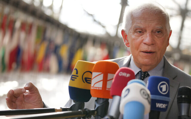 European Union foreign policy chief Josep Borrell speaks with the media as he arrives for a meeting of EU foreign ministers in Brussels on Monday, July 18, 2022. (AP/Virginia Mayo) European Union foreign policy chief Josep Borrell speaks with the media as he arrives for a meeting of EU foreign ministers in Brussels on Monday, July 18, 2022. (AP/Virginia Mayo)