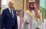 Saudi Crown Prince Mohammed bin Salman, right, welcomes US President Joe Biden to Al-Salam Palace in Jeddah, Saudi Arabia, July 15, 2022. (Bandar Aljaloud/Saudi Royal Palace via AP, File)