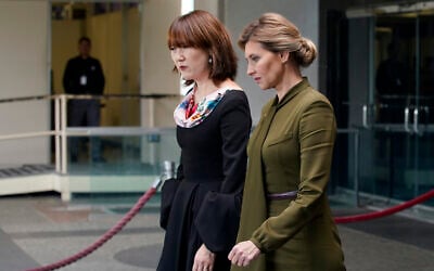 Olena Zelenska, right, spouse of Ukrainian's President Volodymyr Zelensky, walks out of the US State Department, July 18, 2022 in Washington, after meeting with Secretary of State Antony Blinken in a closed-to-press meeting. (AP/Patrick Semansky)