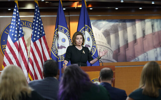 US House Speaker Nancy Pelosi of California speaks at her weekly press conference on Capitol Hill in Washington, July 14, 2022. (AP/Mariam Zuhaib) US House Speaker Nancy Pelosi of California speaks at her weekly press conference on Capitol Hill in Washington, July 14, 2022. (AP/Mariam Zuhaib)