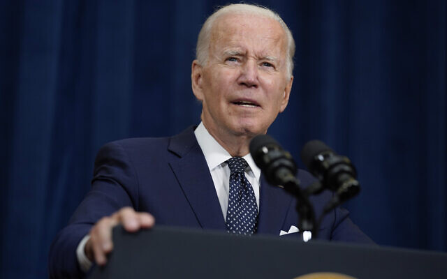 US President Joe Biden speaks to reporters at the Waldorf Astoria Jeddah Qasr Al Sharq hotel, in Jeddah, Saudi Arabia, July 15, 2022. (Evan Vucci/AP) US President Joe Biden speaks to reporters at the Waldorf Astoria Jeddah Qasr Al Sharq hotel, in Jeddah, Saudi Arabia, July 15, 2022. (Evan Vucci/AP)