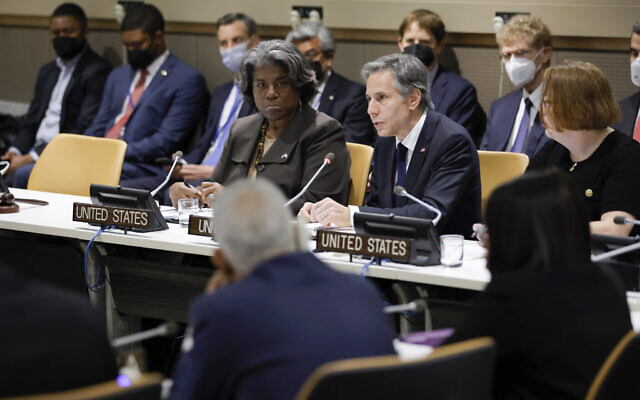 Secretary of State Antony Blinken sits with Linda Thomas-Greenfield, United States ambassador to the United Nations, as they meet with African ministers at United Nations headquarters, May 18, 2022. (Eduardo Munoz/Pool Photo via AP, File) Secretary of State Antony Blinken sits with Linda Thomas-Greenfield, United States ambassador to the United Nations, as they meet with African ministers at United Nations headquarters, May 18, 2022. (Eduardo Munoz/Pool Photo via AP, File)