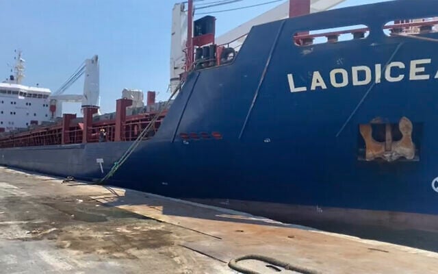 This frame grab from a video provided on Friday, July 29, 2022, shows a Syrian cargo ship Laodicea docked at a seaport, in Tripoli, north Lebanon. (AP Photo) This frame grab from a video provided on Friday, July 29, 2022, shows a Syrian cargo ship Laodicea docked at a seaport, in Tripoli, north Lebanon. (AP Photo)