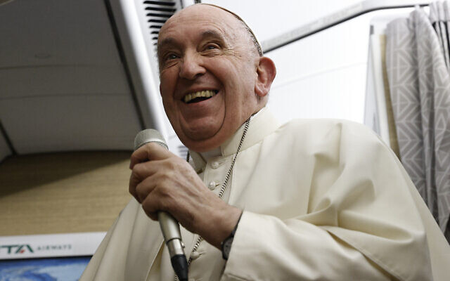 Pope Francis speaks to journalists aboard the papal flight back from Canada, Saturday, July 30, 2022, where he paid a six-day pastoral visit. (Guglielmo Mangiapane/Pool via AP) Pope Francis speaks to journalists aboard the papal flight back from Canada, Saturday, July 30, 2022, where he paid a six-day pastoral visit. (Guglielmo Mangiapane/Pool via AP)