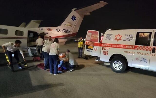 An injured Israeli family is transferred to Israel following a boating accident in Jordan, July 2, 2022. (PassportCard) An injured Israeli family is transferred to Israel following a boating accident in Jordan, July 2, 2022. (PassportCard)