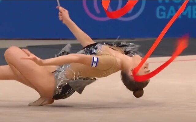 Screen capture from video of Israeli rhythmic gymnast Daria Atamanov during her gold medal-winning routine at the World Games in Birmingham, Alabama, July 13, 2022. (YouTube) Screen capture from video of Israeli rhythmic gymnast Daria Atamanov during her gold medal-winning routine at the World Games in Birmingham, Alabama, July 13, 2022. (YouTube)