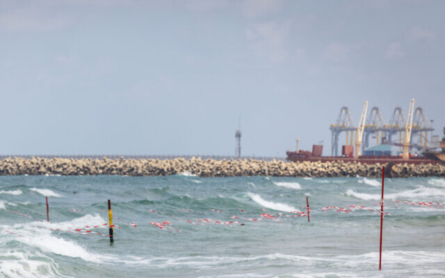 A breakwater at a beach in Ashdod, June 21, 2022 (Nati Shohat/Flash90) A breakwater at a beach in Ashdod, June 21, 2022 (Nati Shohat/Flash90)