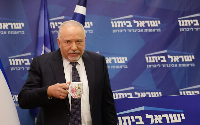 Finance Minister Avigdor Liberman speaks during a faction meeting at the Knesset on July 4, 2022. (Olivier Fitoussi/Flash90) Finance Minister Avigdor Liberman speaks during a faction meeting at the Knesset on July 4, 2022. (Olivier Fitoussi/Flash90)