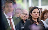 Interior Minister Ayelet Shaked and Communications Minister Yoaz Hendel at a state memorial ceremony for former prime minister Yitzhak Shamir, at Mount Herzl Cemetery in Jerusalem, July 10, 2022. (Olivier Fitoussi/Flash90)
