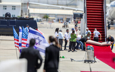 Final preparations before the arrival of US President Joe Biden at Ben Gurion Airport, July 13, 2022 (Noam Revkin Fenton/Flash90)