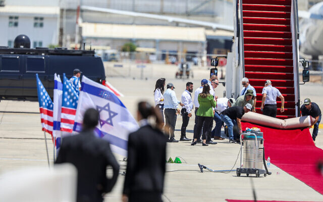 Final preparations before the arrival of US President Joe Biden at Ben Gurion Airport, July 13, 2022 (Noam Revkin Fenton/Flash90)